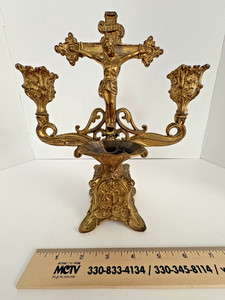 Antique Heavy Metal Catholic Crucifix Double Candelabra Holy Water Font