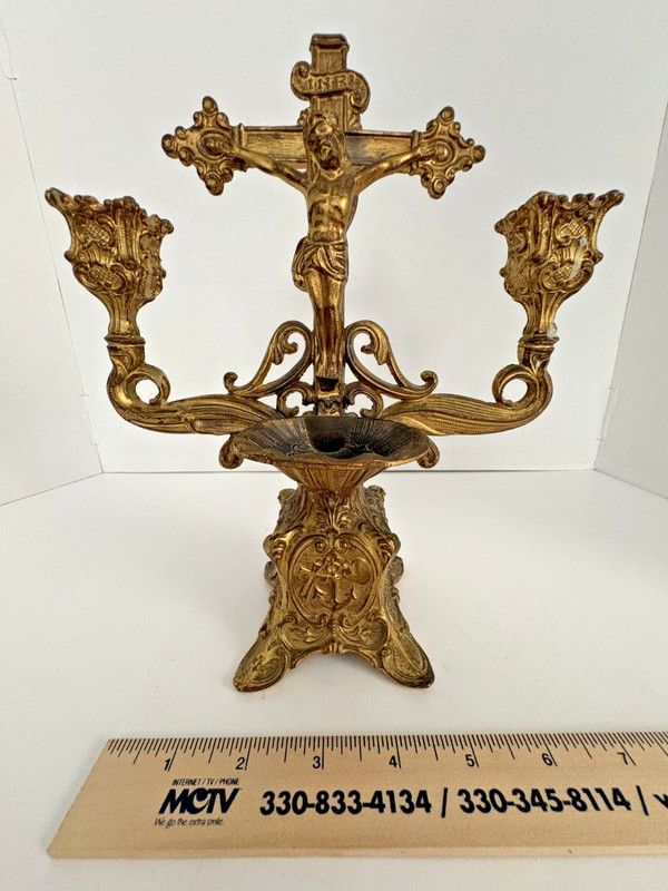 Antique Heavy Metal Catholic Crucifix Double Candelabra Holy Water Font