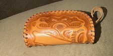 Handcrafted Brown Leather Tooled Zipper Coin Purse Wallet