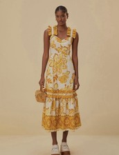 Farm Rio Aura Floral Midi Dress Ruffled Straps White And Yellow XS