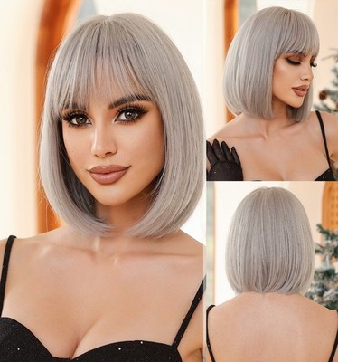 Heat Resistant Synthetic Hair Bob Straight Costume Wigs With Bangs Grey