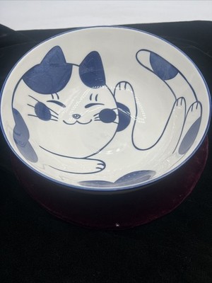 SH Home Blue White Lucky Cat Ramen Bowl Ceramic Stoneware 8  Japan China