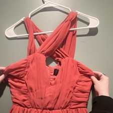 Coral Solid Fit & Flare Midi Dress V-Neck Ruched Layered Strappy Sleeveless 8