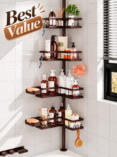 Corner Shower Caddy Tension Pole 25.7-109.1in Adjustable Shower Shelves Brown