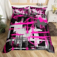 Hot Pink Black Grey Bedding Set Size Kids Abstract Art Comforter Full Multi 09