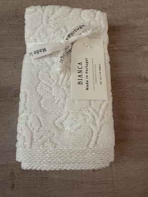 Bianca Soft 100% Cotton 2Pc Tip Towels  Made In Portugal  New White With Silver