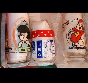 3 Promotional Drinking Glasses Flintstones Betty Alvin Apollo 1980s Vintage Mix