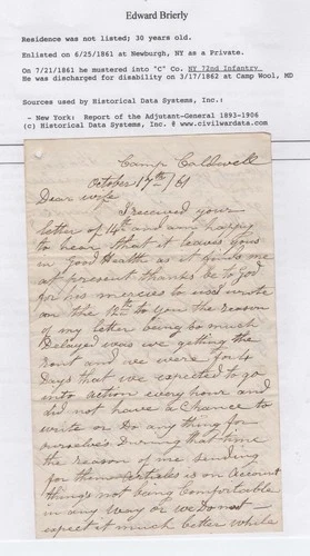 CIVIL WAR LETTER - 72nd NY Infantry "Excelsior Brigade" - Defends Washington DC!