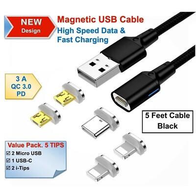 Gift Idea! USB Magnetic Cable, Data & Fast Charging, 5 Tips Value Pack 5ft BLACK