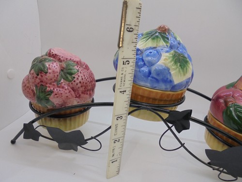 Ceramic Jam/Jelly Jars Shaped like Fruit Baskets in Metal Rack - Picture 5 of 8