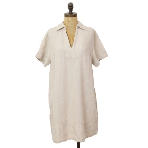 MADEWELL V-Neck Mini Dress 100% Linen M Natural Undyed Collared Short Sleeve B1