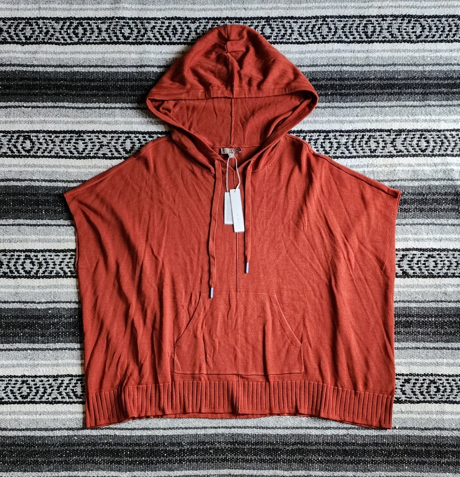 NWT Lilla P One Size Lightweight Oversized Hooded Poncho Sweater Rust Orange