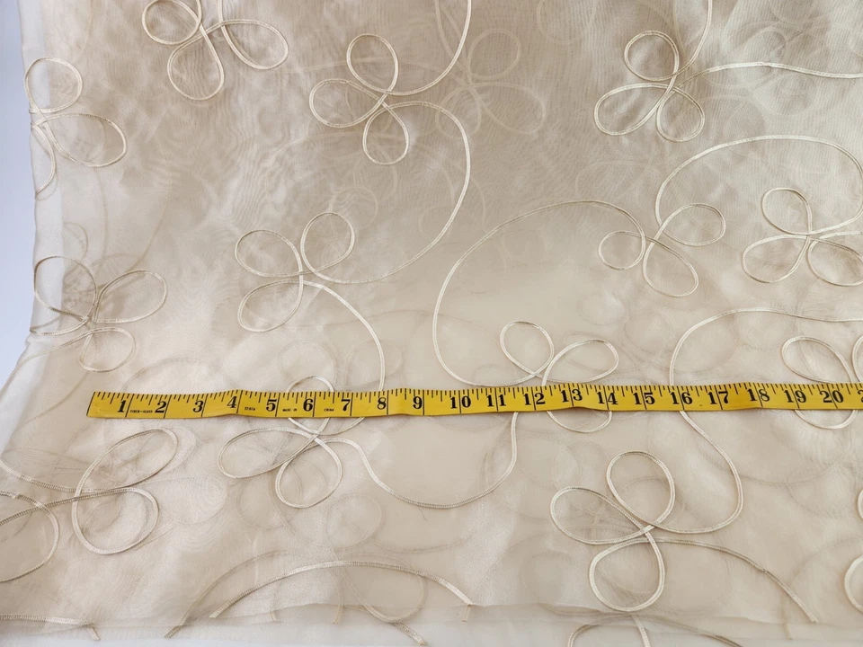 Embroidered Scroll Filigree Sheer Curtain Overlay Fabric Champagne 118" Wide BTY - Image 3 of 4