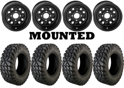 Kit 4 Moose Rigid Tires 28x10-14 on Quadboss Steely Black Wheels TER