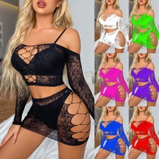 Damen Sexy Netz-Dessous-Set Ganzkörperstrümpfe Babydoll Nachtwäsche-Body L ▽