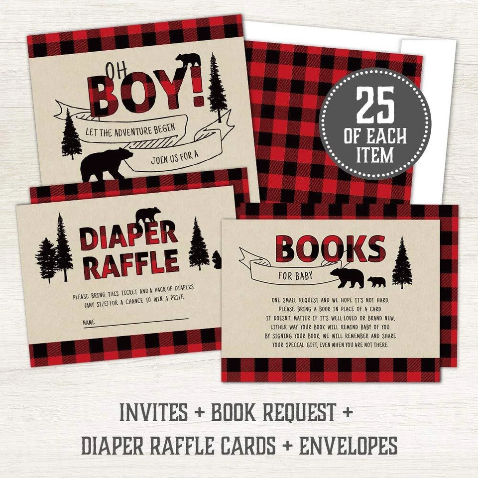 Juego de 25 Invitaciones de Baby Shower Leñador - Invitaciones de Baby Shower Rústicas... Foto 4 de 4