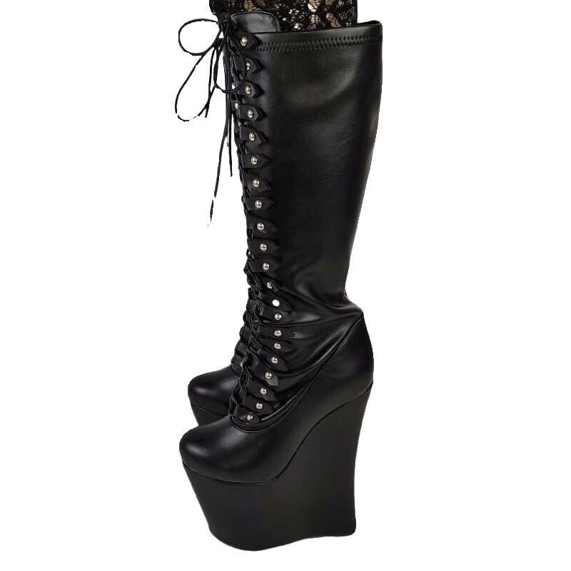 Buy 20Cm Platform Boots Women Wedge High Heel Lace Up Black Boots