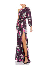MAC DUGGAL 2634 ONE-SHOULDER LONG SLEEVE PLUM FLORAL GOWN DRESS S