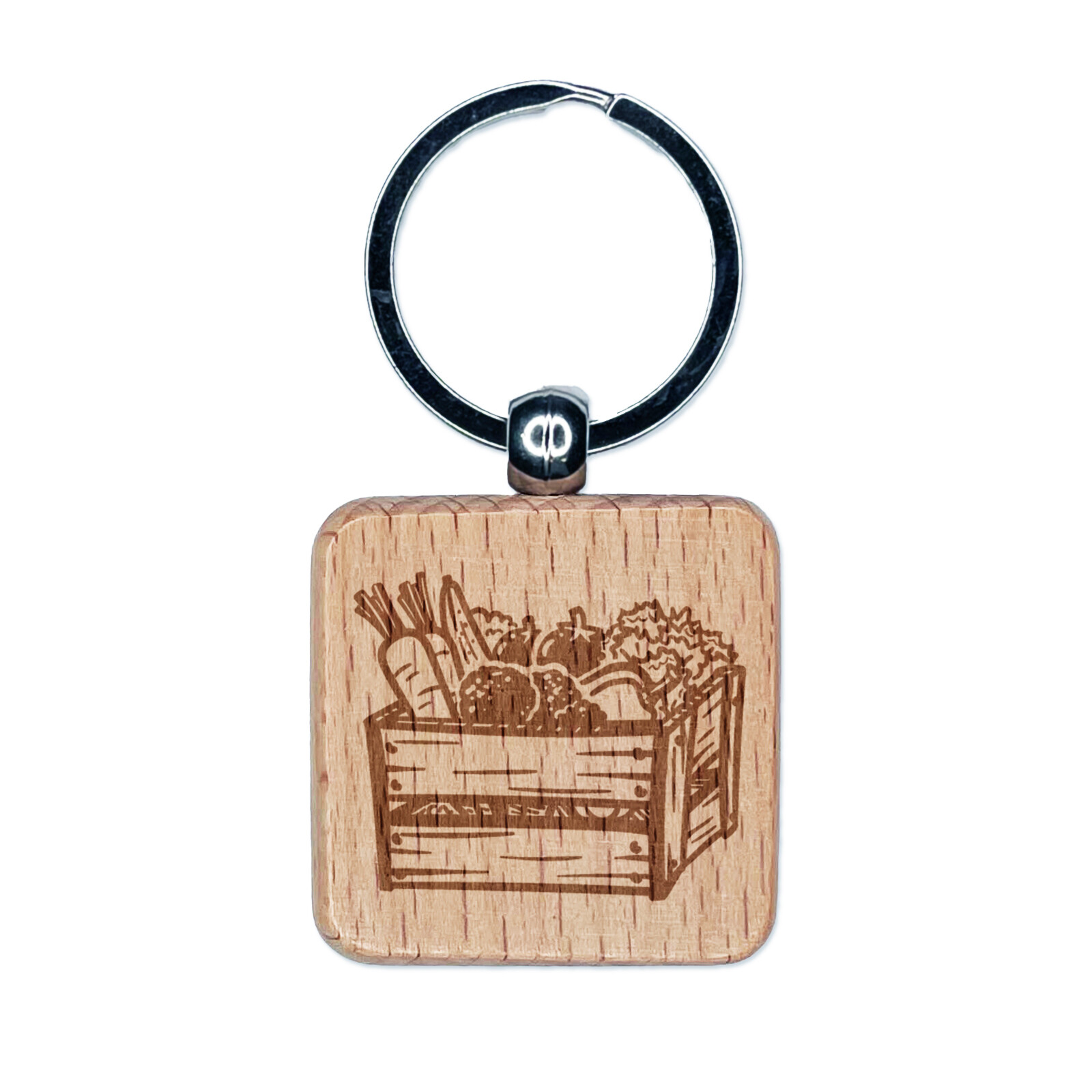 Wooden Vegetable Crate from the Garden Engraved Wood Square Keychain Tag Charm