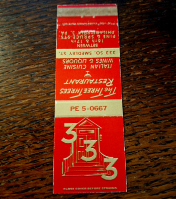Vintage Matchbook: The Three Threes Restaurant, Philadelphia, PA 333