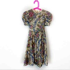 Puff Sleeve Party Dress Vintage Girl's sz youth 6 7 Floral Handmade Lace Trim
