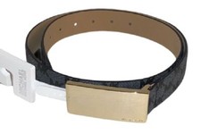 MICHAEL KORS MK Logo Signature Square Gold Buckle Grey Black Belt Womens L NEW