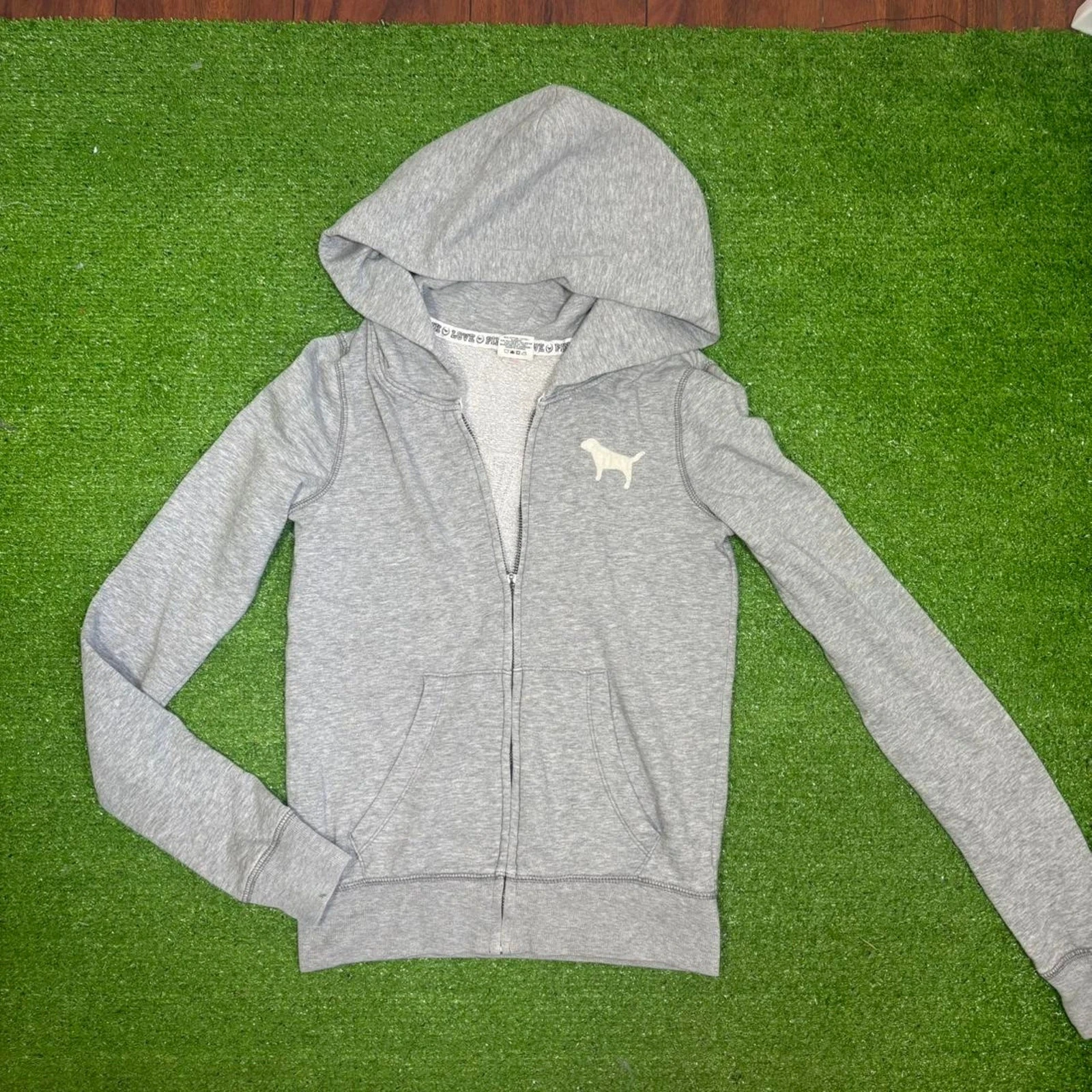 UNDERCOVER Victorias Secret ROSA Felpa con Cappuccio Zip Y2K Cane Grigio Giacca Retrò Taglia XS Retrò