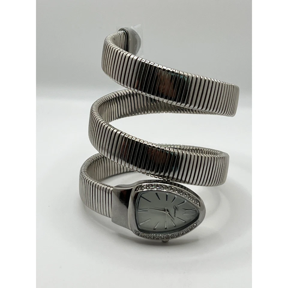 Silver Tone Snake Coil Wrap Around Genoa Watch Rhinestone Bezel Elegant - Image 2 of 4