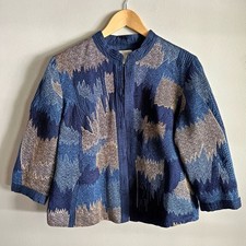 Artisan Embroidered Cotton Jacket Abstract Tapestry Blue Chico  s Size 2 L