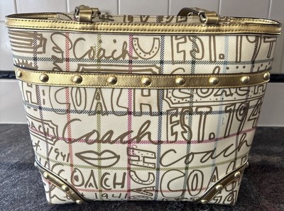 Coach Heritage Tattersall Graffiti Gold Tote Bag Handbag Purse F13188