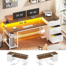 59" Office Desk w/3 Drawers&LED Lights, Reversible Computer Desk for Home Office