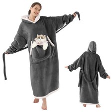 Cozy Sherpa Fleece Blanket Hoodie with Cat Pouch for Pet Lovers