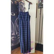 Forever 21 Navy Blue White Grid Plaid Maxi Dress Adjustable Strap Size S