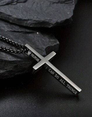 Philippians 4:13 Cross Necklace I Can Do All Things Black Silver Faith