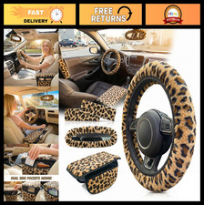 5 Pcs Fuzzy Animal Print Car Accessories Set - Plush Steering Wheel Cover Armre