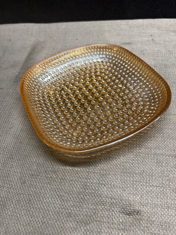 Square Shape Dish Plate Bubbled Glass Carnival glass dish in a marigold or amber