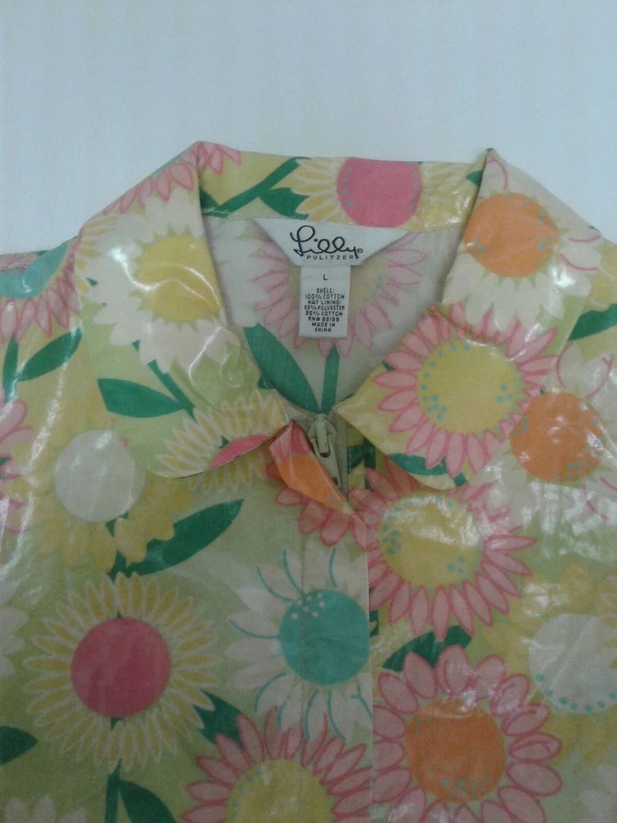 LILLY PULITZER GIRLS GREEN PINK FLORAL ZIPPERED RAINCOAT WITH HAT SIZE LARGE