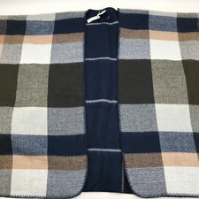 Liz Claiborne Poncho Cape Reversible Plaid Navy Blue Shawl Blanket Sweater Wrap
