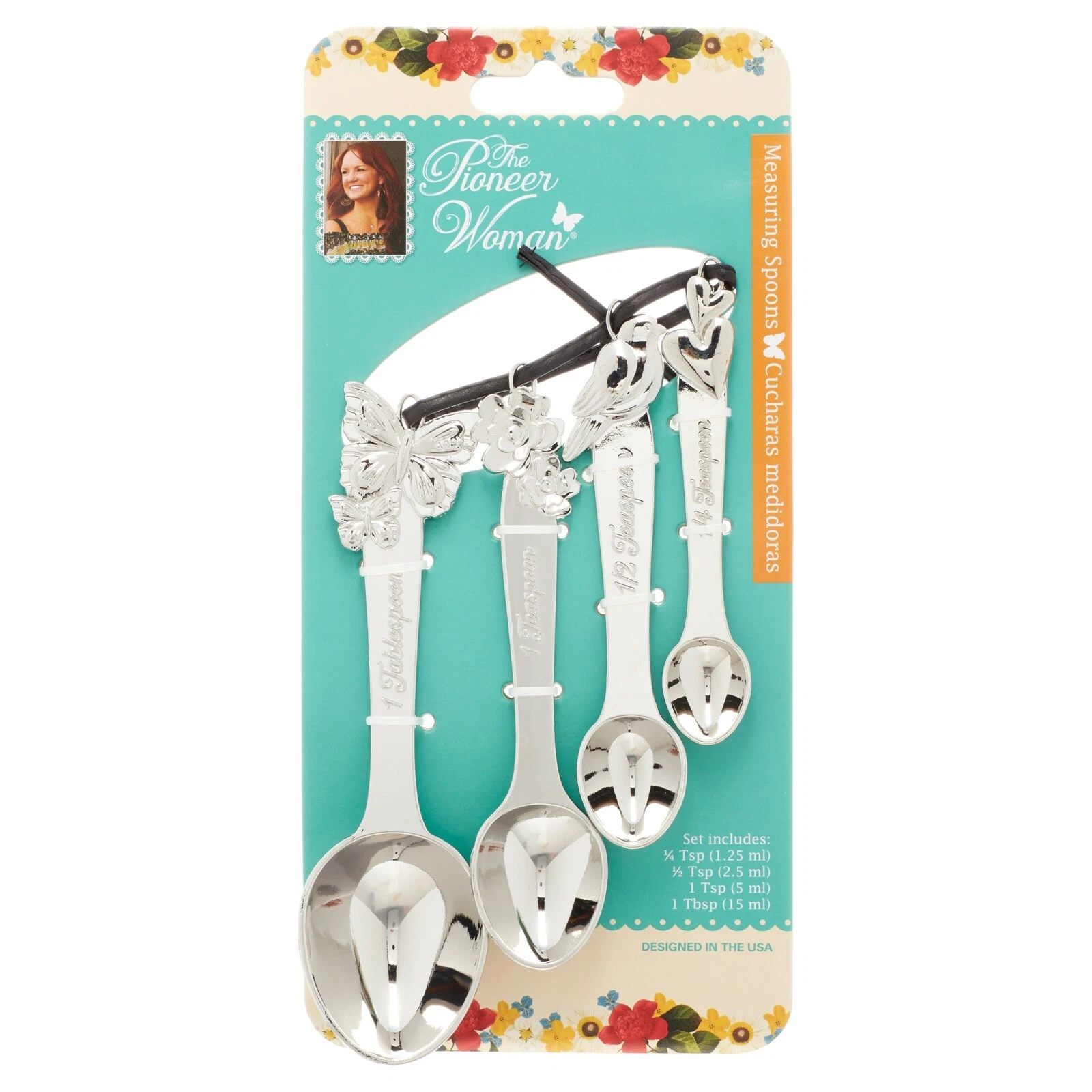 Pioneer Woman Metal Measuring Spoons Cowboy Rustic 4pc Butterfly Bird Floral New