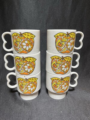 VTG Mugs Stylecraft Deauville Japan Apple Groovy 1970 s Set Of 6 R8182 Coffee