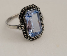 Beautiful Aquamarine Sterling Silver  Marcasite Ring Octagon Cut Sz 6