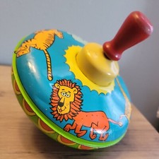 Vintage Top Spinning Toy Tin Litho Metal Top Lion Elephant Tiger Giraffe Works 
