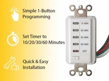 Bathroom Fan Auto Shut Off Timer 10-20-30-60 Minute Preset Countdown Wall Switch