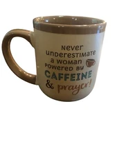 "Prayer & Coffee" Woman Mug by Abbey Gift Large Inspirational Tan & Brown, 18 oz