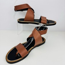 Vince Mailin Cognac Brown Sandals 6.5 to Fit 6 Leather Ankle Wrap Thong Women s