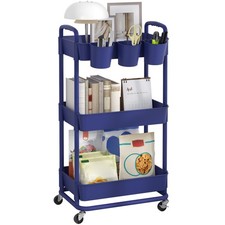 Blue 3Tier Plastic Rolling Storage Utility Cart Hanging Cups Lockable Wheel