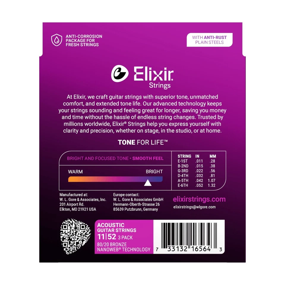 * 3 套 ELIXIR 11027 NANOWEB ACOUSTIC 吉他弦灯 11-52 80/20 BRONZE — 第 3/3 张图片