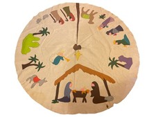 Handmade Felt White Nativity Scene Tree Skirt Applique Stitched 53  Vintage