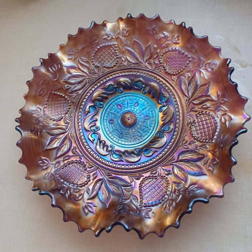 Dugan 9" LOW RUFFLED FANCIFUL Carnival Glass BOWL  in Amethyst