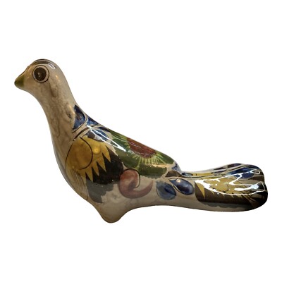 Tonala Pottery Bird Figurine Dove Folk Art 4  Flowers Mexico Mexican READ